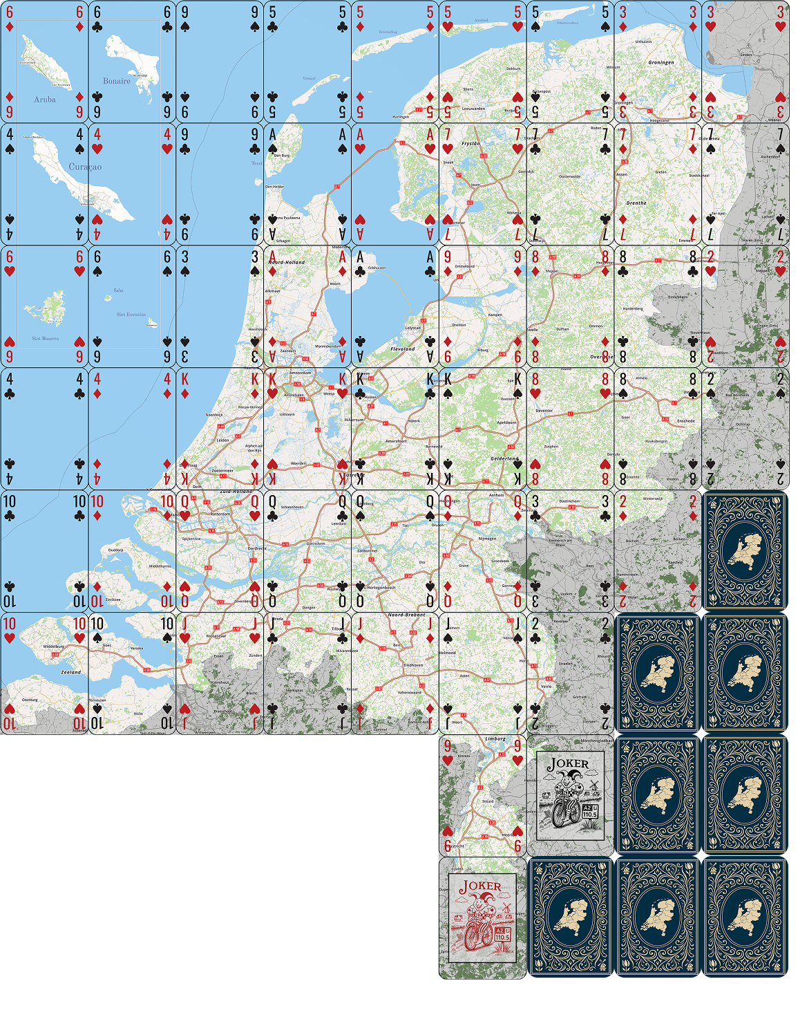 The assembled Netherlands map puzzle, with decorative examples of the navy card backs alongside
