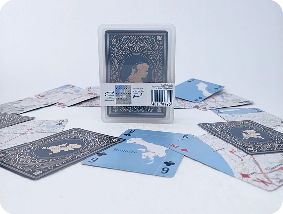 The back of the Shuffle Puzzle case with ornate navy card backs and map card faces spread around it